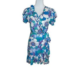 Feather & Find Wrap Dress Tropical Rhythm Blue and Pink Size Medium
